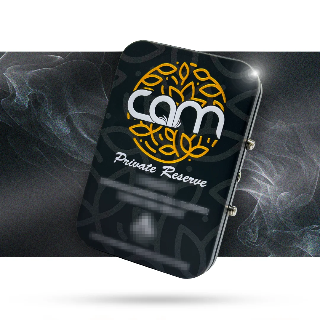 Black CAM five-pack pre-roll case against a smoke-textured background
