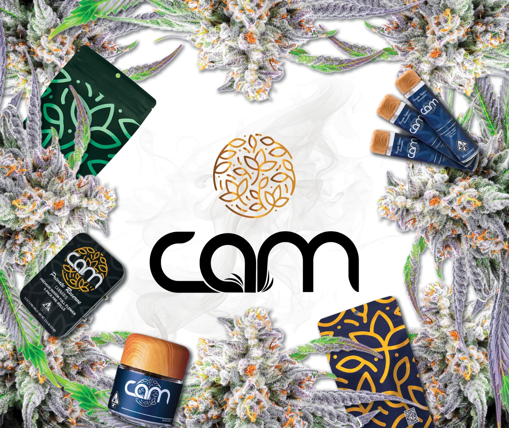 CAM branded frame featuring flower, packaging, and the CAM logo
